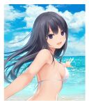  1girl :d bangs bikini black_hair blue_eyes blue_sky border breasts cloud coffee-kizoku day eyebrows_visible_through_hair from_behind highres long_hair looking_at_viewer looking_back medium_breasts ocean open_mouth original outstretched_arms shiramine_rika sideboob sky smile solo strap_gap swimsuit upper_body water white_bikini white_border 