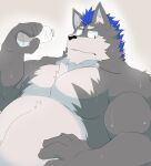  2022 anthro belly big_belly black_nose blue_hair bodily_fluids canid canine canis domestic_dog grey_body hair hi_res humanoid_hands kemono male mammal overweight overweight_male solo sweat tora_oekaki 