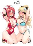  2girls akino_(princess_connect!) arm_behind_head arm_up armlet armpits bangs bare_shoulders bikini black_bikini black_bow blonde_hair blue_eyes blush bow breasts brooch cleavage clothing_cutout collarbone elf flower green_bikini hair_bow hair_flower hair_ornament heart heart-shaped_pupils highleg highleg_swimsuit highres jewelry kneeling large_breasts long_hair looking_at_viewer multiple_girls navel navel_cutout neck_ring necklace one-piece_swimsuit open_mouth parted_bangs pointy_ears ponytail princess_connect! purple_eyes red_hair red_swimsuit sandals saren_(princess_connect!) sian sidelocks swimsuit symbol-shaped_pupils two-tone_bikini white_bow 