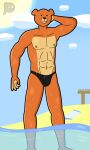  2022 anthro beach clothed clothing cloud digital_drawing_(artwork) digital_media_(artwork) family_guy hi_res male mammal nipples public rupert_(family_guy) seaside signature solo speedo speedo_only sun swimwear towel ursid water wet 