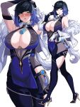  1girl armpits arms_up bangs black_gloves black_legwear blue_dress blue_hair blush braid breasts cleavage clothing_cutout diagonal_bangs dice dress earrings elbow_gloves fingerless_gloves fur-trimmed_jacket fur_trim genshin_impact gloves hella_p high_heels highres jacket jacket_on_shoulders jewelry large_breasts mole mole_on_breast multicolored_hair neck_tassel off_shoulder parted_lips projected_inset single_elbow_glove single_glove sleeveless sleeveless_dress solo two-tone_hair vision_(genshin_impact) white_background white_gloves white_jacket yelan_(genshin_impact) 