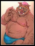  2022 anthro belly big_belly brown_body brown_fur bulge clothing eyewear fur glasses hair hi_res humanoid_hands kemono male mammal moobs navel nipples one_eye_closed overweight overweight_male pink_hair sippo solo suid suina sus_(pig) underwear wild_boar wink 