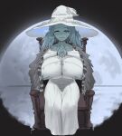  1girl absurdres blue_eyes blue_hair blue_skin booruguru breast_hold breasts cape colored_skin curvy dress elden_ring extra_arms extra_faces fur_cape hat highres huge_breasts moon own_hands_together ranni_the_witch user_xghy7583 white_dress witch_hat 