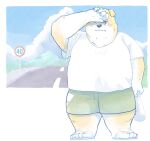  2022 absurd_res anthro belly big_belly bodily_fluids bottomwear canid canine canis clothing domestic_dog en_1_9 hi_res humanoid_hands kemono male mammal one_eye_closed outside overweight overweight_male shirt shorts solo sweat topwear 