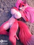  2022 3d_(artwork) anthro areola beach bedroom_eyes big_breasts blue_eyes blue_nose breasts canid canine canis digital_media_(artwork) english_text erect_nipples eyebrows eyelashes female fox fur genitals hair hi_res huge_breasts inner_ear_fluff long_hair long_tail looking_at_viewer lying mammal narrowed_eyes navel nipples nude on_back on_side outside pink_areola pink_body pink_fur pink_hair pink_nipples presenting presenting_breasts presenting_pussy pussy sand seaside seductive solo text tuft url zorryn 