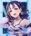  1girl absurdres bangs birthday blonde_hair blush breasts choker cleavage collarbone commentary confetti dated dazzling_white_town earrings gloves hair_ribbon hand_on_hip happy_birthday highres jacket jewelry kazuno_sarah kyaku_tatsu long_hair looking_at_viewer love_live! love_live!_sunshine!! medium_breasts multicolored_hair pink_hair purple_eyes purple_hair ribbon shiny shiny_hair signature single_earring solo streaked_hair upper_body 