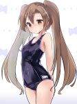  1girl absurdres bangs black_swimsuit blush borrowed_character brown_eyes brown_hair closed_mouth cowboy_shot eyebrows_visible_through_hair highres long_hair looking_at_viewer one-piece_swimsuit original ryogo school_swimsuit solo standing sweatdrop swimsuit twintails white_background 