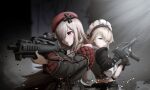  2girls assault_rifle beret blonde_hair braid braided_bangs fingerless_gloves g36_(girls&#039;_frontline) g36c_(girls&#039;_frontline) girls&#039;_frontline gloves gun h&amp;k_g36 h&amp;k_g36c haonfest hat heckler_&amp;_koch highres holding holding_gun holding_weapon maid maid_headdress mod3_(girls&#039;_frontline) multiple_girls one_eye_covered rifle siblings sisters trigger_discipline weapon 