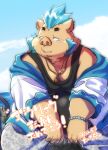  2022 anthro belly big_belly blush brown_body clothing cloud gouryou hi_res hoodie humanoid_hands inuiookawa japanese_text kemono lifewonders male mammal outside overweight overweight_male shirt sitting solo suid suina sus_(pig) text tokyo_afterschool_summoners topwear video_games water wild_boar 