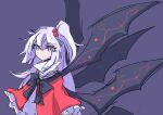  1girl black_bow black_wings bow cloak grey_eyes highres looking_at_viewer otoya_sindoi red_cloak shinki_(touhou) side_ponytail simple_background touhou touhou_(pc-98) white_hair wings 