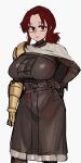  1girl alternate_breast_size breasts brown_tunic elden_ring hand_on_hip large_breasts mano_(manobece) millicent_(elden_ring) ponytail prosthesis prosthetic_arm red_eyes red_hair white_background 