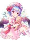  1girl ascot bangs bat_wings blue_hair bow dress eyebrows_visible_through_hair hair_bow hat holding holding_stuffed_toy looking_at_viewer mob_cap open_mouth pink_dress pink_headwear pjrmhm_coa puffy_short_sleeves puffy_sleeves red_ascot red_bow red_eyes remilia_scarlet short_hair short_sleeves solo stuffed_animal stuffed_toy teddy_bear touhou white_background white_legwear wings 