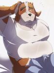 2022 anthro bedding belly big_belly black_nose blanket blush brown_body bulge canid canine canis clothing domestic_dog emufu hi_res kemono male mammal one_eye_closed overweight overweight_male shirt sitting solo topwear 