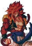  absurdres bare_pectorals biceps blood blood_on_face blood_on_hands blue_eyes body_fur brown_fur dragon_ball dragon_ball_gt gogeta highres metamoran_vest monkey_boy monkey_tail no_nipples pants pectorals red_hair relio_db318 saiyan spiked_hair super_saiyan super_saiyan_4 tail veins veiny_hands white_pants 