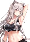  1girl absurdres ahoge animal_ears arm_behind_head arm_up armpits bangs breasts dog_tags eyebrows_visible_through_hair grey_eyes grey_hair hair_between_eyes highres hololive large_breasts lion_ears long_hair midriff navel nyctea_snow official_alternate_costume open_mouth shishiro_botan signature sports_bra upper_body virtual_youtuber white_background 