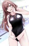  1girl absurdres bangs bare_arms bare_shoulders black_swimsuit blurry blurry_background breasts brown_eyes brown_hair collarbone commentary commentary_request cowboy_shot eyebrows_visible_through_hair highres idolmaster idolmaster_shiny_colors large_breasts looking_at_viewer one-piece_swimsuit open_mouth osaki_amana pool shohei_(piranha5hk) smile swimsuit thighs 