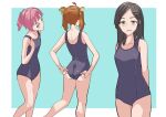  adjusting_clothes adjusting_swimsuit ahoge ass black_hair blue_eyes breasts brown_hair cowboy_shot from_behind green_eyes grey_swimsuit hair_ornament hairclip itou_ebiko kagerou_(kancolle) kantai_collection kuroshio_(kancolle) long_hair new_school_swimsuit pink_hair ponytail ribbon school_swimsuit shiranui_(kancolle) short_hair small_breasts standing swimsuit twintails yellow_ribbon 