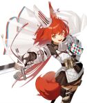  1girl :d animal_ears arknights armor black_bag black_skirt cape cowboy_shot ear_covers ear_piercing flametail_(arknights) gauntlets holding holding_sword holding_weapon kegani_(kegani01) long_hair looking_at_viewer open_mouth piercing pleated_skirt red_hair shirt simple_background skirt smile solo squirrel_ears squirrel_girl squirrel_tail sword tail thigh_pouch thigh_strap v-shaped_eyebrows weapon white_background white_cape white_shirt yellow_eyes 