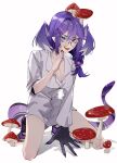  1girl blue_eyes breasts ccil chinese_commentary cleavage dragon_girl dragon_tail glasses hair_behind_ear hair_ornament hairclip head_wings heterochromia highres looking_at_viewer medium_breasts mushroom mushroom_on_head nijisanji nijisanji_en pointy_ears purple_eyes purple_footwear round_eyewear selen_tatsuki shadow shirt shoes smile sneakers solo squatting tail virtual_youtuber white_shirt 