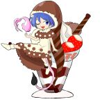  1girl absurdres alternate_color alternate_element blob blue_eyes blue_hair brown_capelet brown_dress brown_headwear capelet chocolate commentary_request doremy_sweet dream_soul dress food fruit hat highres ice_cream nightcap nightgown one_eye_closed open_mouth pom_pom_(clothes) short_hair sitting solo strawberry tail tapir_tail teeth touhou upper_teeth white_dress 
