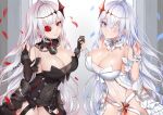  2girls absurdres ahoge asymmetrical_gloves azur_lane bangs bare_shoulders black_dress black_gloves blue_eyes breasts bridal_gauntlets cleavage collarbone commentary covered_navel cowboy_shot deogho_(liujinzy9854) dress earrings emden_(azur_lane) eyebrows_visible_through_hair falling_petals flower flower_in_eye gloves hair_between_eyes hair_ornament hands_up highres holding_hands jewelry large_breasts lock long_hair looking_at_viewer mismatched_gloves multiple_girls padlock padlocked_collar parted_lips petals red_eyes red_flower red_rose rose scrunchie sidelocks smile standing strapless strapless_dress symbol_in_eye white_dress white_flower white_hair white_rose wrist_scrunchie 