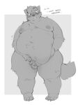  anthro belly big_belly bodily_fluids canid canine circumcised embarrassed english_text genitals hi_res humanoid_genitalia humanoid_penis kyrosh lifting_belly looking_down male mammal nipples obese obese_male overweight overweight_male penis solo standing sweat text 
