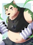  2022 absurd_res anthro belly big_belly black_nose blush canid canine canis clothed clothing cute_fangs domestic_dog green_body hi_res kemono lifewonders live-a-hero male mammal mokdai navel overweight overweight_male pig_p0318 solo video_games 