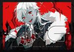  1boy :p black_cloak black_shirt cloak colored_skin crown crown_removed ear_piercing earrings english_text fujikiri_yana fur-trimmed_cloak fur_trim grey_skin holding holding_crown jewelry king_(vocaloid) kuzuha_(nijisanji) looking_at_viewer male_focus nijisanji open_mouth piercing pointy_ears red_eyes shirt solo stud_earrings teeth tongue tongue_out upper_body upper_teeth virtual_youtuber 