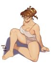  1girl absurdres barefoot breasts brown_eyes brown_hair camisole cleavage collarbone english_text from_above glasses grey_panties highres large_breasts looking_down original panties ponytail profanity shadow short_hair sitting sketch snowcie snowciel solo underwear white_camisole 