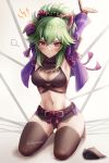  1girl anger_vein arms_up black_legwear black_mask blush bound bound_wrists breasts breath crop_top cropped_jacket doyamona genshin_impact green_hair hair_between_eyes hair_ornament highres jacket kneeling kuki_shinobu long_hair looking_at_viewer mask mask_removed midriff mouth_mask navel open_clothes open_jacket open_mouth ponytail purple_eyes purple_jacket restrained short_shorts shorts solo thighhighs 