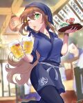  1girl artist_name beer_mug blurry blurry_background bracelet breasts brown_hair chair cleavage cup eating green_eyes heart highres holding holding_tray indoors izakaya jewelry lantern matsunaga_iori motoja_72p mouth_hold mug necklace one_eye_closed open_mouth paper_lantern samue shrimp smile sparkle sweat tray twitter_username vocaloid vsinger 