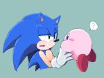  1boy ? animal_ears animal_nose aqua_background blue_eyes blue_fur blue_hair blush blush_stickers body_fur carrying commentary_request cropped_torso crossover eye_contact furry furry_male gloves green_eyes half-closed_eyes hand_up highres kirby kirby_(series) long_hair looking_at_another male_focus miwa_(ahyuck) open_mouth simple_background sketch solid_oval_eyes sonic_(series) sonic_the_hedgehog speech_bubble spiked_hair spoken_question_mark two-tone_fur upper_body white_gloves yellow_fur 
