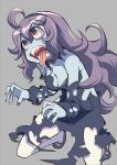  1girl @_@ absurdres bags_under_eyes blue_skin colored_skin dress drooling fangs hairband hex_maniac_(pokemon) highres kneeling long_hair messy_hair open_mouth outstretched_arms pokemon pokemon_(game) pokemon_xy purple_eyes saliva solo taraarasabu2222 tongue torn_clothes very_long_hair zombie zombie_pose 