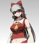  1girl bangs black_eyes breasts brown_hair burn_scar collared_shirt commentary_request cookie_(touhou) cosplay cowboy_shot crop_top detached_sleeves empty_eyes golden_kamuy grey_background grin hair_between_eyes hakurei_reimu large_breasts long_hair looking_at_viewer midriff navel necktie noel_(cookie) ponkotsu_ryodan red_shirt red_skirt scar scar_across_eye shaded_face shirt skirt sleeveless sleeveless_shirt smile solo touhou tsurumi_tokushirou tsurumi_tokushirou_(cosplay) white_sleeves yellow_necktie 