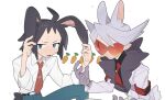  2boys ahoge animal_ears armband bangs belt belt_buckle black_belt black_hair black_shirt blue_eyes buckle carrot cheren_(pokemon) coat collared_shirt commentary_request fur-trimmed_coat fur_trim green_pants lear_(pokemon) long_sleeves lower_teeth male_focus mimura_(nnnnnnnnmoo) multiple_boys necktie open_mouth orange_necktie pants parted_lips pokemon pokemon_(game) pokemon_bw pokemon_masters_ex rabbit_ears red_necktie shirt short_hair sleeves_rolled_up spiked_hair sunglasses sweat teeth tie_clip white_background white_coat white_shirt 