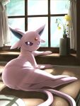  commentary_request curtains espeon flower highres indoors itsudzumi lens_flare looking_at_viewer lying no_humans pokemon pokemon_(creature) purple_eyes solo window yellow_flower 
