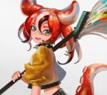  1girl blue_eyes collar hakos_baelz handot_(d_yot_) highres hololive hololive_english looking_back midriff octobrush_(splatoon) octoling over_shoulder red_hair signature spiked_collar spikes splatoon_(series) tentacle_hair tentacles virtual_youtuber weapon weapon_over_shoulder 