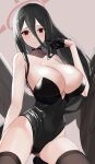 1girl bangs black_hair blue_archive blush breasts choker cleavage ganotashisakuki gloves hair_between_eyes halo hasumi_(blue_archive) highres large_breasts long_hair looking_at_viewer mole mole_under_eye playboy_bunny red_eyes solo thighhighs very_long_hair wings 