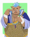  anthro blue_hair blush brown_body brown_fur embarrassed fur gift_bow gift_box gouryou hair hi_res lifewonders male mammal one_eye_closed overweight solo suid suina sus_(pig) tankyuki_tanu tokyo_afterschool_summoners video_games wild_boar wink 