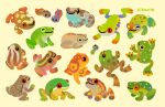  animal animal_focus artist_name brown_eyes closed_eyes closed_mouth commentary english_commentary frog from_side no_humans orange_eyes original pikaole red-eyed_tree_frog red_eyes simple_background sitting smile tadpole watermark yellow_background yellow_eyes 