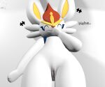  3d_(artwork) anthro blender_(software) cinderace digital_media_(artwork) female genitals giggle lagomorph leporid looking_at_viewer looukachiuwo mammal nintendo nude pok&eacute;mon pok&eacute;mon_(species) presenting presenting_pussy pussy rabbit simple_background solo text video_games watermark 