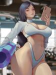  1girl alternate_costume black_hair blurry blurry_background breasts cellphone cleavage covered_nipples final_fantasy final_fantasy_vii holding holding_phone ignite_(artist) indoors large_breasts lips long_hair long_sleeves navel parted_lips patreon_username phone red_eyes solo thighs tifa_lockhart 