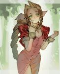  1girl aerith_gainsborough bangs bracelet braid braided_ponytail breasts brown_hair choker cleavage cropped_jacket dress final_fantasy final_fantasy_vii finger_to_mouth forest green_eyes hair_ribbon highres jacket jewelry medium_breasts nature parted_bangs pink_dress red_jacket ribbon sidelocks smile solo talesofmea unbuttoned_dress upper_body wavy_eyes 