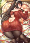  1girl ass barefoot bed_sheet black_hair black_legwear butt_crack feet from_behind hairband heart heart_pillow highres long_hair looking_back no_shoes pantyhose pillow red_eyes red_sweater soles solo spy_x_family sweater yor_briar yougen_kitsune 