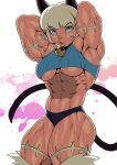  2022 abs animal_humanoid biceps blue_eyes breasts cat_humanoid clothed clothing felid felid_humanoid feline feline_humanoid female flexing hands_behind_head humanoid mammal mammal_humanoid muscular muscular_female nadia_fortune pokkuti pupils quads skullgirls slit_pupils triceps under_boob video_games 