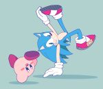  1boy absurdres animal_ears animal_nose aqua_background arm_up blue_eyes blue_fur blue_hair blush blush_stickers body_fur breakdance commentary_request cosplay crossover dancing flat_color furry furry_male gloves green_eyes grin happy highres kirby kirby_(series) leg_up long_hair looking_at_viewer male_focus miwa_(ahyuck) open_mouth outstretched_arms partial_commentary red_footwear shoes simple_background smile socks solid_oval_eyes sonic_(series) sonic_the_hedgehog sonic_the_hedgehog_(cosplay) spiked_hair spread_legs tail teeth two-tone_fur uneven_eyes upside-down white_gloves white_legwear 