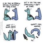  1:1 blue_body blue_fox_(foxes_in_love) blue_fur blue_tail canid canine comic dialogue duo english_text eyewear feral fox foxes_in_love fur green_body green_fox_(foxes_in_love) green_fur green_tail hi_res male_(lore) mammal question_mark shadow simple_background sunglasses text umbrella url white_background 