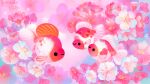  air_bubble animal animal_focus artist_name black_eyes bubble cherry_blossoms closed_mouth commentary english_commentary fins fish flower from_side goldfish no_humans original pikaole pink_flower pink_theme smile solid_circle_eyes tail_fin underwater watermark white_flower 