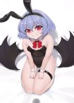  1girl alternate_costume animal_ears barefoot bat_wings black_leotard black_wings bow bowtie breasts commentary_request covered_navel detached_collar fake_animal_ears grin highres leotard light_purple_hair playboy_bunny rabbit_ears red_bow red_bowtie red_nails remilia_scarlet seiza short_hair simple_background sitting skindentation small_breasts smile solo strapless strapless_leotard sudako_(dai011305) sweatdrop thigh_strap touhou v-shaped_eyebrows white_background wings wrist_cuffs 