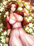  1girl aerith_gainsborough arm_up bangs blush bracelet braid braided_ponytail breasts choker church cleavage cropped_jacket dress final_fantasy final_fantasy_vii final_fantasy_vii_remake flower flower_bed green_eyes hair_ribbon highres jacket jacket_partially_removed jewelry large_breasts long_dress lying on_back parted_bangs parted_lips pink_dress red_jacket ribbon sidelocks solo umasan upper_body wavy_hair white_flower wooden_floor 
